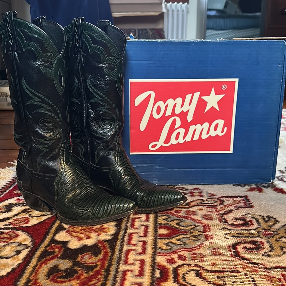 Vintage 1980s Tony Lama Green Lizard and Black Western Boots Women’s Size 5.5